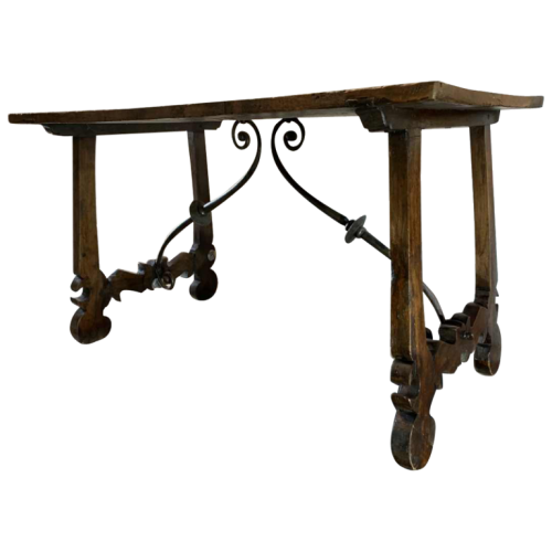 Spanish walnut table desk with Lyre legs, wrought iron volute stretcher, 19th century