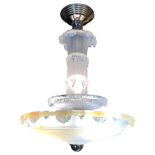 Jean Gauthier for EZAN Rare Chandelier 'Cascade' Opalescent Frosted Glass Art Deco 1930s