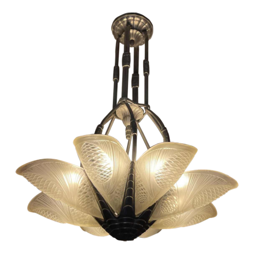 DEGUÉ Art Deco Chandelier 'Pine Cones' Pressed Sandblasted Glass, Bronze 1930s