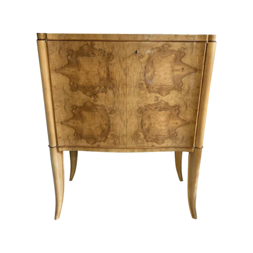 Curved Art Deco cabinet / bar, maple burl and mahogany fillet, ca 1930