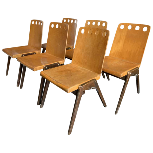 ROLAND RAINER pour EMIL & ALFRED POLLAK, Ensemble de 6 Chaises Industrielles Empilables, 1950s