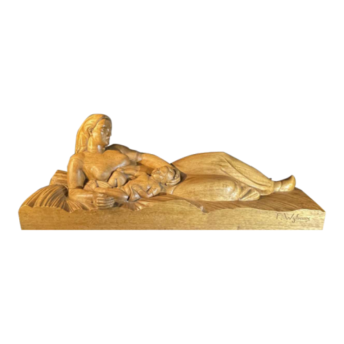 FREDDY WYBAUX " Femme à l'enfant " Sculpture Art Déco, Taille Directe Bois, Pièce Unique, 1935