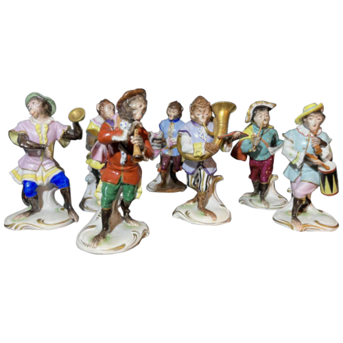 " Singerie " Porcelain VOLKSTEDT, Group 7 Monkeys Orchestra Musicians Band 1950s