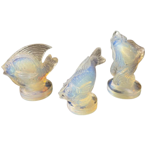 SABINO FRANCE, Set of 3 Art Deco Fish Animal Sculptures Pressed Opalescent Glass, 1930s