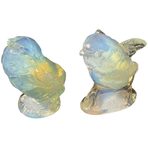 SABINO FRANCE, Set of 2 Art Deco Birds Animal Sculptures Pressed Opalescent Glass, ca 1930