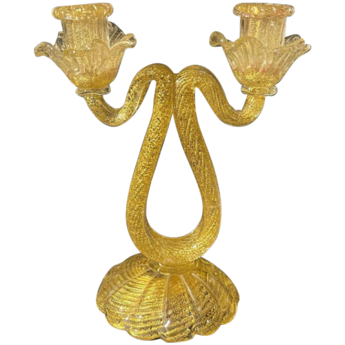 ERCOLE BAROVIER & TOSO Murano, Candelabra Candlestick, Golden Glitter Glass,1950