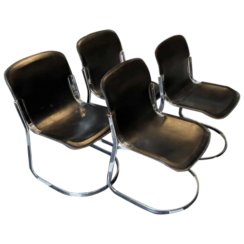 WILLY RIZZO for CIDUE, Set of 4 C2 Chairs Chromed Steel Structure Black Leather, 1970s