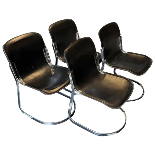 WILLY RIZZO pour CIDUE, Série de 4 Chaises C2 Structure Acier Chromé Cuir Noir, 1970s