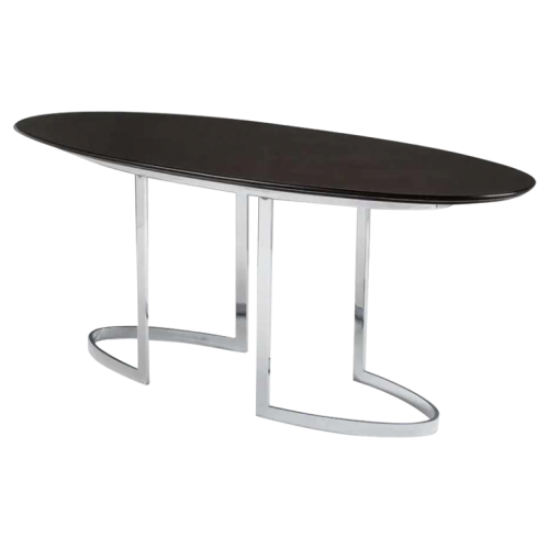 CIDUE (Italy), Design Oval Table, Chromed Metal, Black Ebony Oak Wood, 1970s