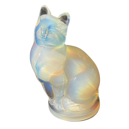 SABINO FRANCE, Sculpture " Cat " Art Deco Pressed Molded Opalescent Glass 1930