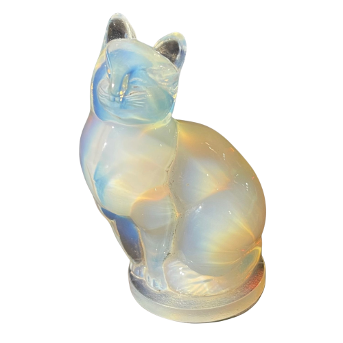 SABINO FRANCE, Sculpture " Chat " Art Déco Verre Opalescent Pressé Moulé 1930