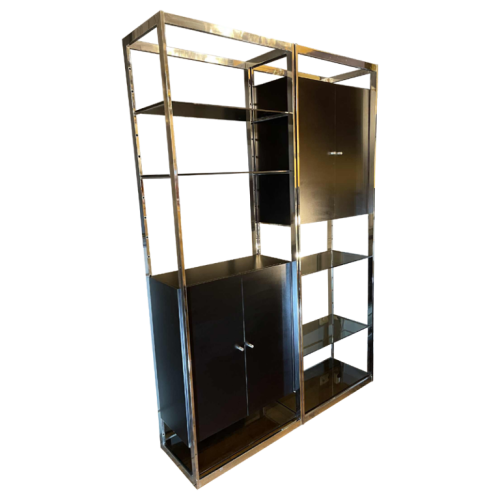Pair of Modernist Chrome and Black Formica Wall Unit Shelves, ca 1970