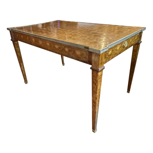 Louis XVI Directoire inlaid Table / Desk, brass belt, 2 drawers, 19th century