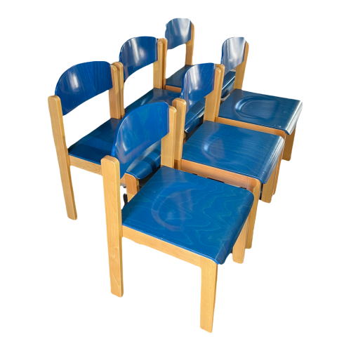 Série de 6 chaises empilables, Design italien, hêtre teinté bleu, ca 1980