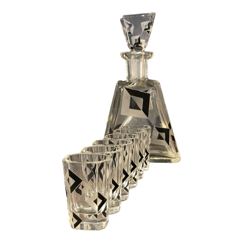Karl Palda, Art Deco crystal liqueur service set, cubist decor, ca 1930