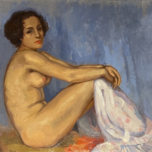 GUSTAVE MAX STEVENS (attribué à) "Femme nue assise" Huile sur toile, ca 1920