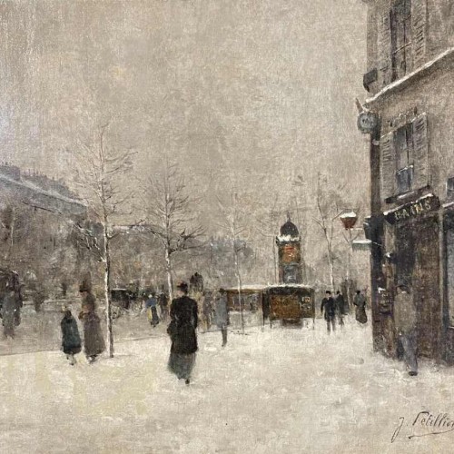 Jules Petillion, Impressionist painting "Paris under the snow" Oil on canvas, ca 1890