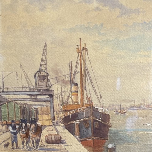 Emile Lhernault "Dock in Brussel" Watercolour painting Marine Halage, ca 1910