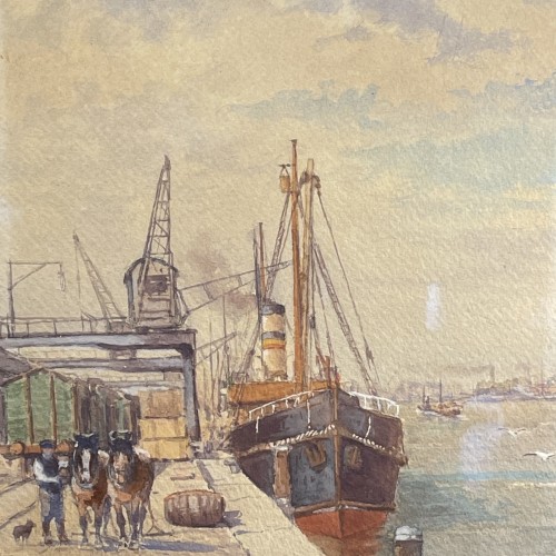 Emile Lhernault "Quai à Bruxelles" Tableau Aquarelle Marine Halage, ca 1910