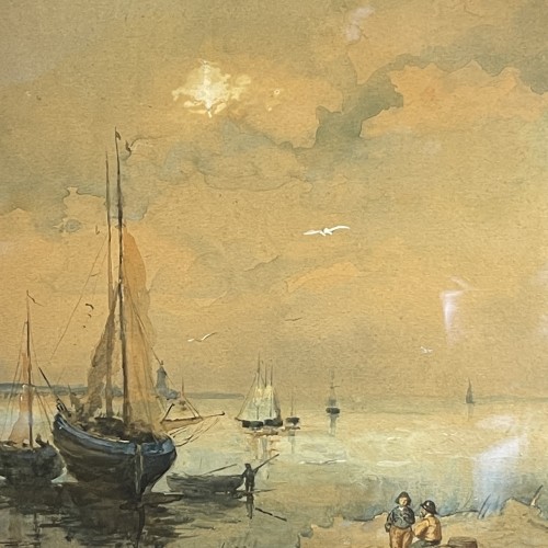 A. Semlinck " Barques échouées à marée basse " aquarelle marine, ca 1910