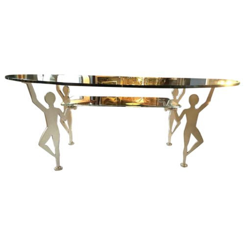 Anthropomorphic Memphis Coffee Table "Characters" Lacquered Metal and Glass 1980