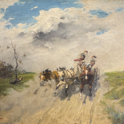 Laszlo Pataky, Horses Painting " Troïka Wild Ride ", Oil on panel, 1883