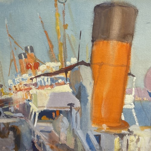 JULES VAN DE LEENE, Tableau Marine " Paquebot à quai " Gouache sur carton 1920s