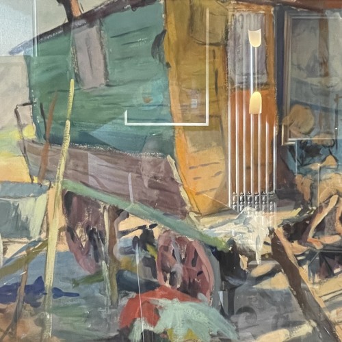 JULES VAN DE LEENE, Landscape Painting "Gypsy Caravan" Gouache on Cardboard, ca 1920