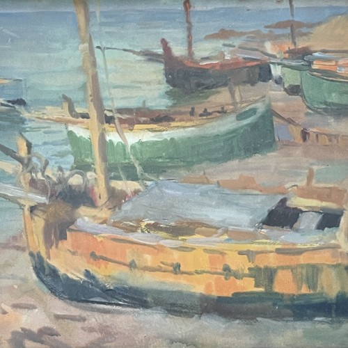 JULES VAN DE LEENE, Marine Painting " Stranded boats " Gouache on Cardboard 1920