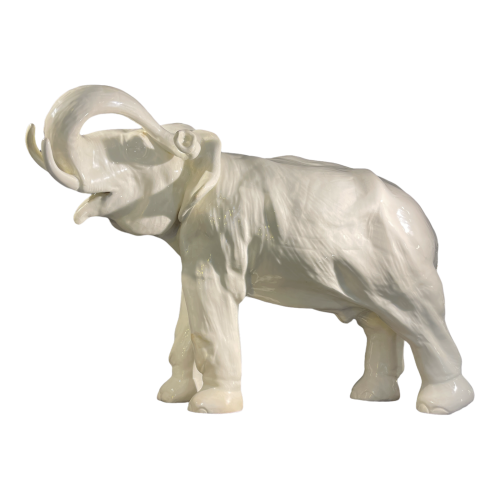 Large Art Deco White Elephant (W:55cm), Ceramic Animal Sculpture Earthenware, ca 1930