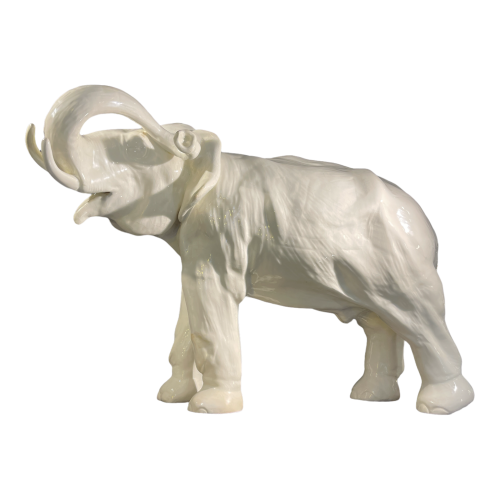 Grand Eléphant Blanc Art Déco (L:55cm), Sculpture Animalière Céramique Faïence, ca 1930