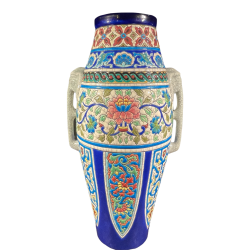EMAUX DE LONGWY, Art Deco Elephant vase 1551 Earthenware Ceramic Enamelled Cloisonné Decor 3292 Oriental, ca 1930