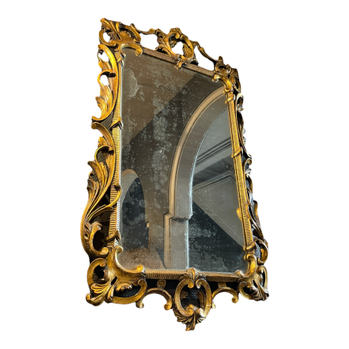 Ancien Miroir Doré Louis XV Rocaille (101cm), Bois Sculpté et Stuqué, XIXe siècle