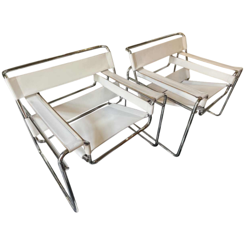 MARCEL BREUER for GAVINA "WASSILY " Model B3, Pair of Bauhaus Leather and Steel Armchairs