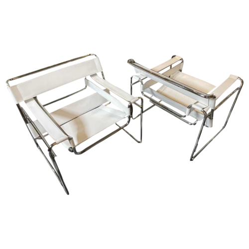 MARCEL BREUER by GAVINA "WASSILY " Model B3, Pair of Leather and Chromed Steel Bauhaus Armchairs