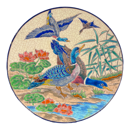 EMAUX DE LONGWY, ROLANDE RIZZI tirage 23/50, Ceramic Dish Glazed Cloisonné Birds 1930