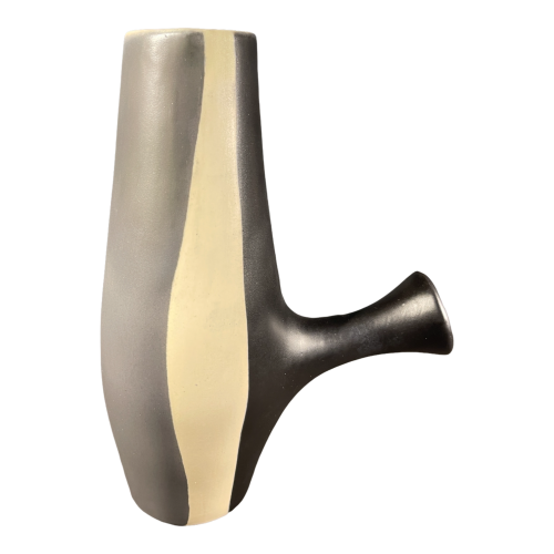 MADO JOLAIN, Modernist Ceramic Handle Jug Vase, Black White Grey Earthenware, 1950
