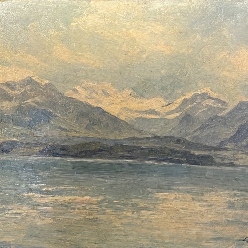 DELDERENNE LEON, Tableau Huile " Paysage lac montagnes enneigées ", ca 1910