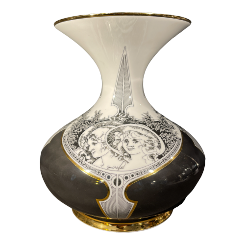 ENDRE SZASZ pour HOLLOHAZA HUNGARY, Grand Vase en Porcelaine Doré, 1970s