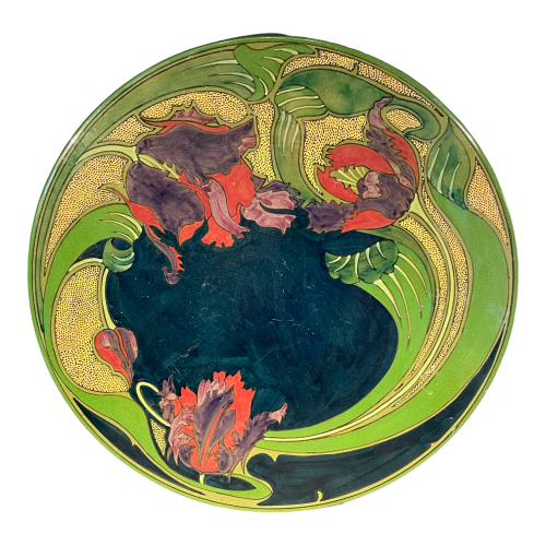 ZUID HOLLAND PLATEELBAKKERIJ "WM", Large Art Nouveau Ceramic Wall Dish, ca 1910