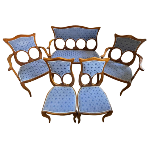 Complete Art Nouveau Living RoomSet, 1 Sofa + 2 Armchairs + 2 Chairs, ca 1900