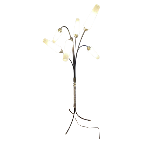 Vintage floor lamp, Mathieu Mategot style, black painted steel, rope, 6 arms and opaline, ca 1950
