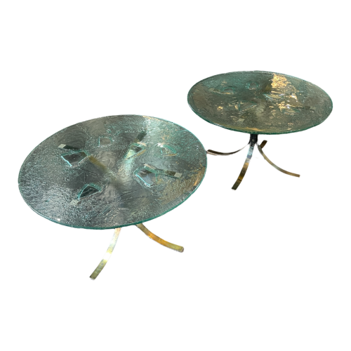 Pair of round coffee tables, Brutalist art glass, Hollywood Regency style, ca 1970/80