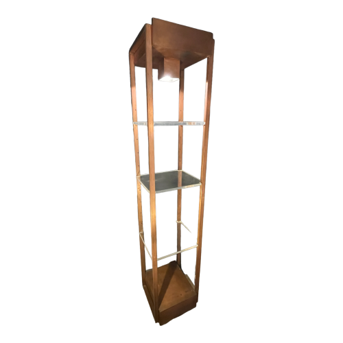 Vintage illuminated column shelf, copper plated steel & plexiglass, Industrial design ca 1970