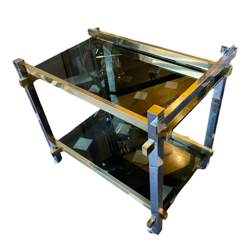 ROMEO REGA, Hollywood Regency Trolley Side Bar Table, Brass & Chrome Steel, 1970