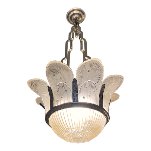 HETTIER & VINCENT (attr) Art Deco chandelier sandblasted pressed glass, nickel-plated bronze, ca 1930