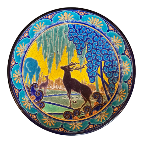 EMAUX DE LONGWY, Art Deco Ceramic Disch, Animal Decor Stag, ca 1920