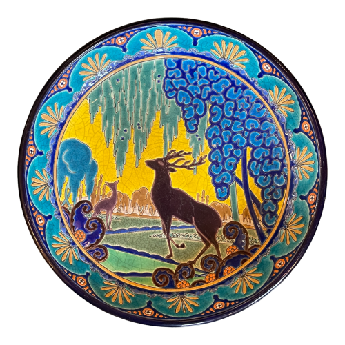 EMAUX LONGWY, Rare Plat Art Déco au Cerf, Céramique Faïence Emaillé Cloisonné, ca 1920