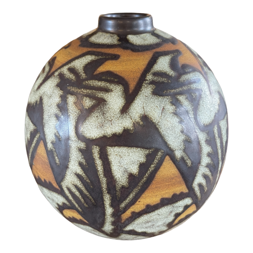 CHARLES CATTEAU / KERAMIS, Art Deco stoneware earthenware vase F. 996, pelicans decor D. 1052, ca 1925