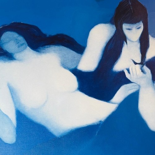 Luc Perot, Post-Expressionist Painting " Blue Women " Oil on Canvas, 1973